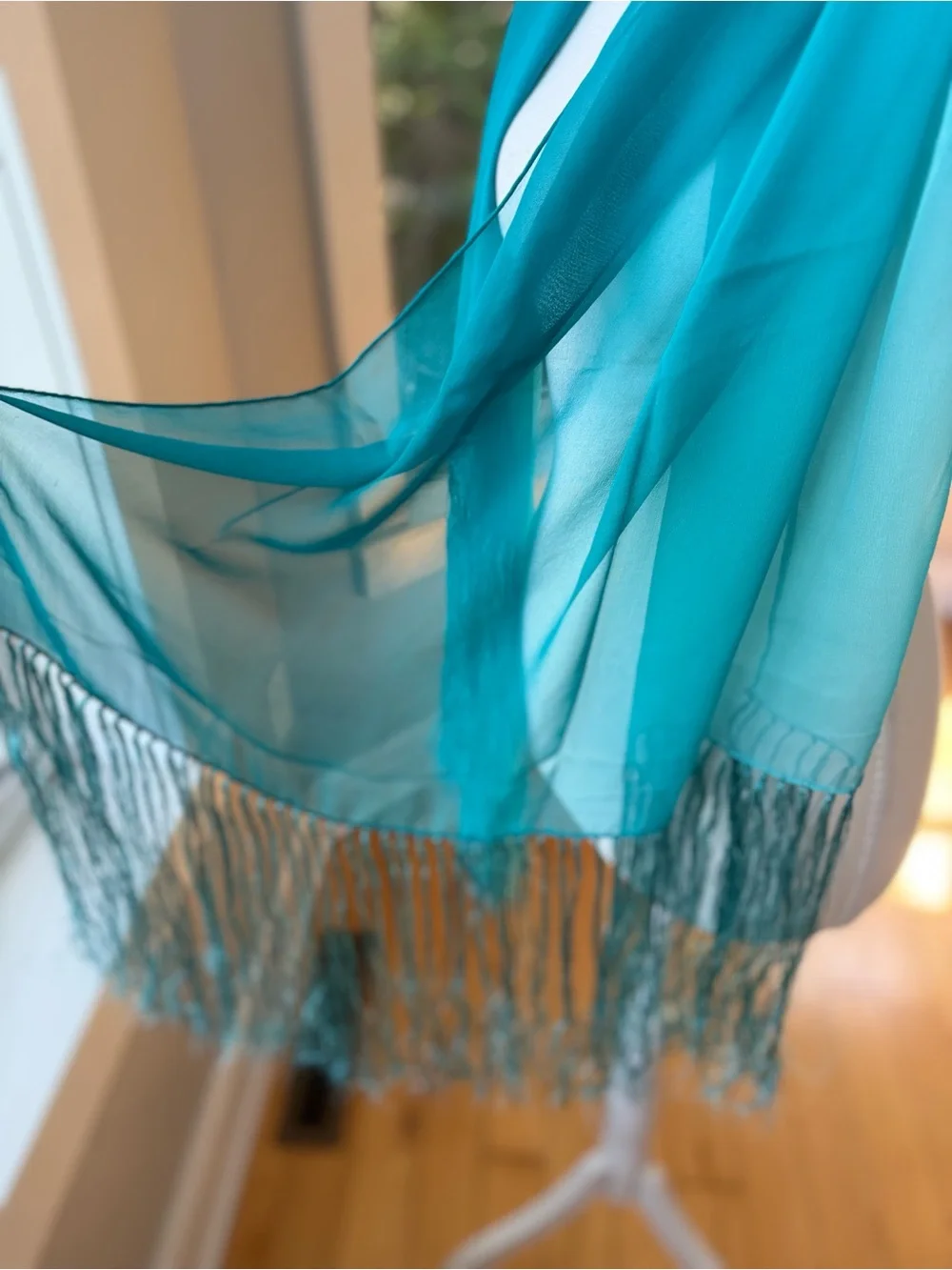 Vintage Y2K Teal Ombre Silk Sheer Scarf with Fringe